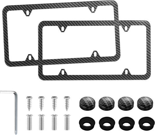 LivTee Carbon Fiber License Plate Frames, 4 Holes Stainless Steel License Plate Covers, 2PCS Car License Plate Holder, Automotive Exterior Accessories, Slim Design with Gasket Cover for US Cars