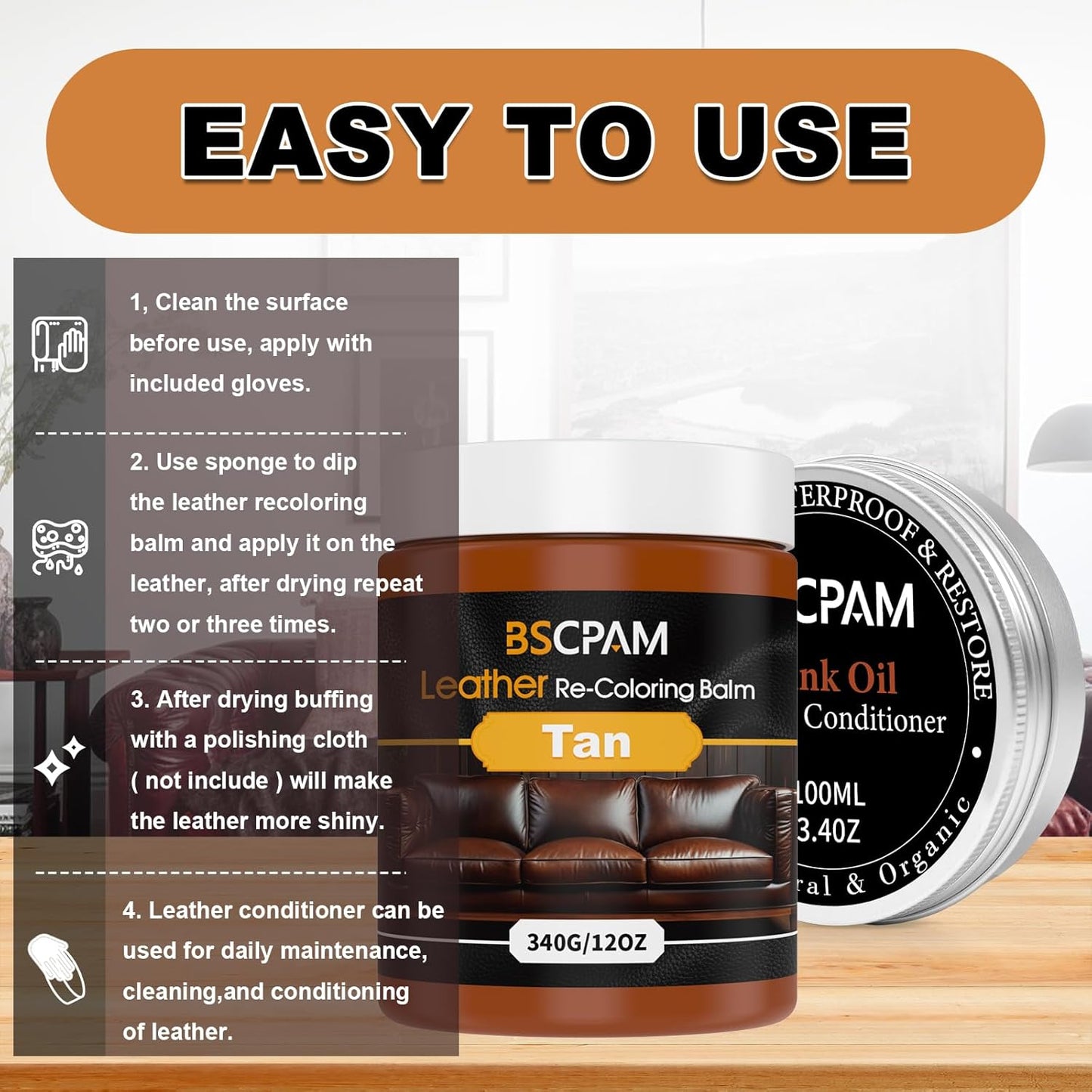 12oz Leather Recoloring Balm & 3.4oz Mink Oil Leather Conditioner kit,Tan Leather Color Repair Kits for Couches, Leather Couch Paint Scratch Repair for Furniture Car Sofa Shoes Leather Dye