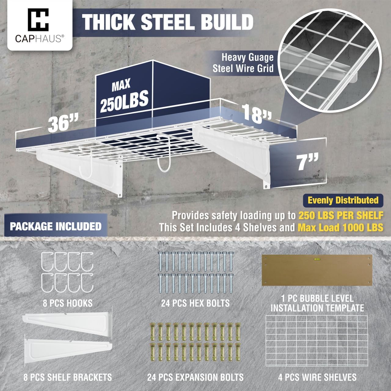 CAPHAUS 2-Pack Garage Shelving Wall Mounted 72x18 Inch, Heavy Duty Metal Wall Shelves with 8 Bike Hooks, 1000lbs Capacity Storage Rack for Garage Organization System, White