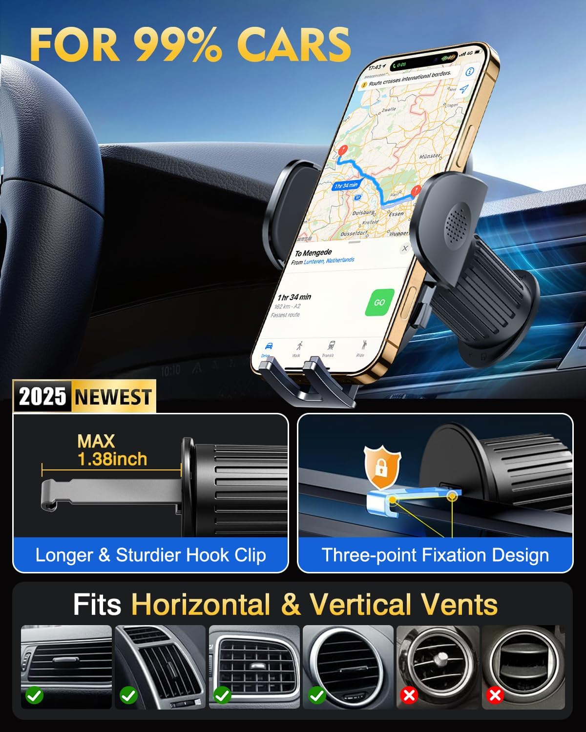 New Upgraded Phone Holders for Your Car Steel-Hook Clip Military-Grade Shockproof, Air Vent Cell Phone Stand Car Mount, Universal Automobile Truck Stand Vent Cradle for iPhone 16 Pro Max 15 14 13 12