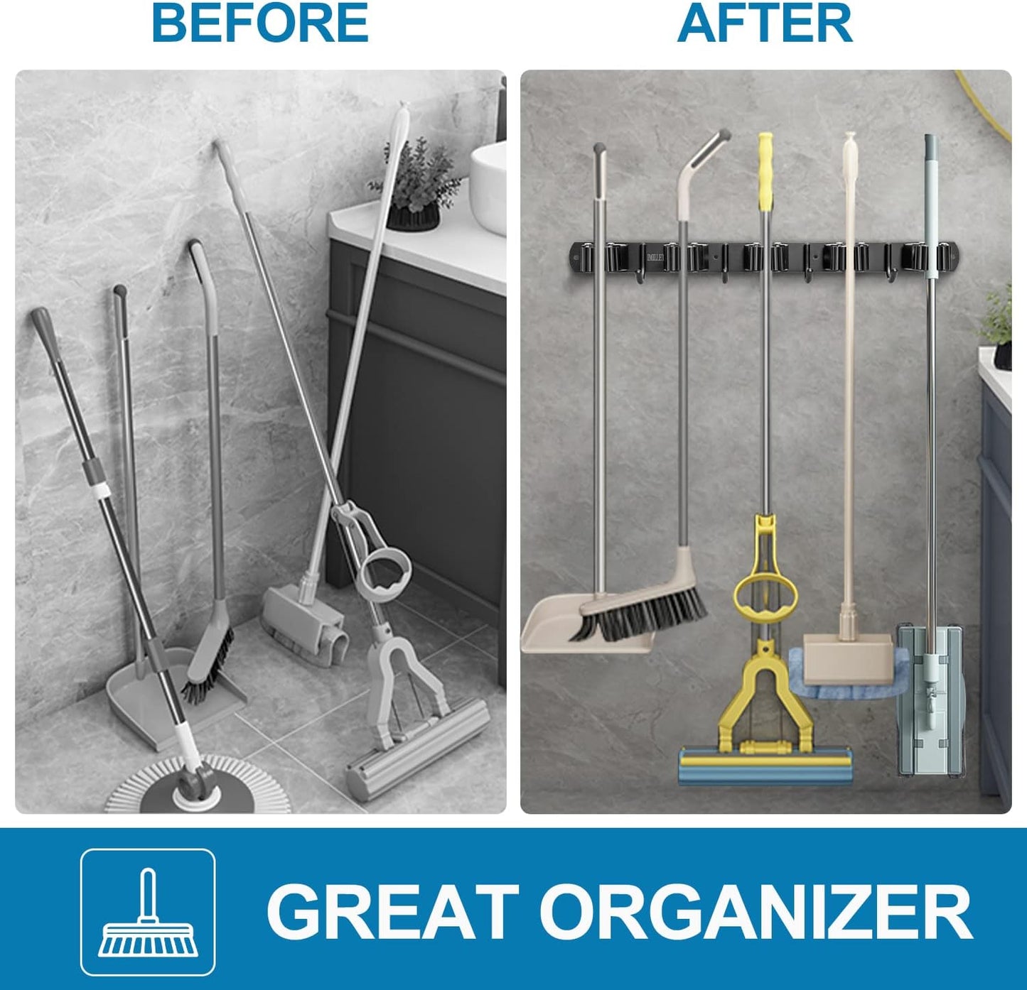 IMILLET 2 Pack Broom and Mop Holder Wall Mounted, Broom Holder Stainless Steel Broom Organizer Heavy Duty Tools Organizer Self Adhesive for Laundry Room Garage Garden（5 Racks and 4 Hooks）