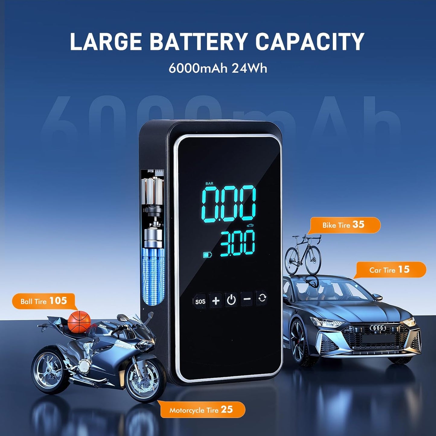 Tire Repair Kit,50PCS Tire Inflator Portable Air Compressor with 24000mwh Cordless Air Pump (150 PSI) for MPVs, Cars, E-Bikes and Motorcycles