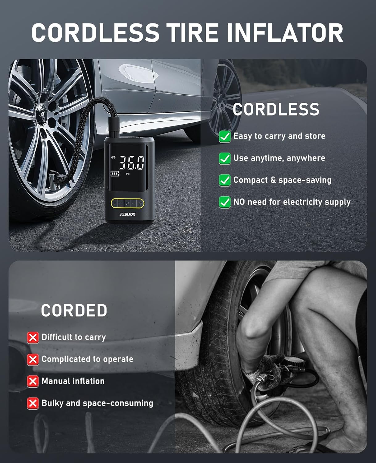 Tire Inflator Portable Air Compressor, Electric Bike Pump with Digital Pressure Gauge, 150 PSI Cordless Air Pump for Car Tires, Motorcycle, Bicycle, Ball with Auto Shutoff, LED Light