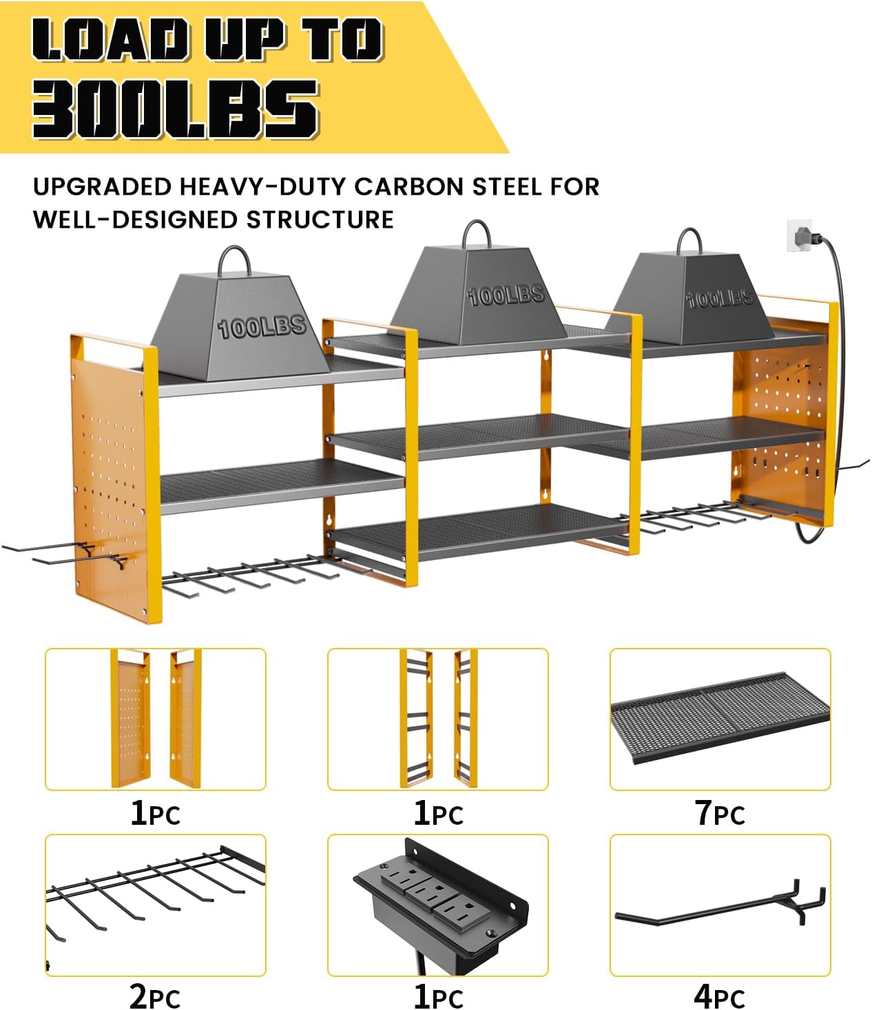 Heavy-Duty 48" Wall Mount Power Tool Organizer with Charging Station – 3-Tier Garage Organization Rack for Drills, Wrenches & Tools – Includes 16 Hooks & Pegboard Sides