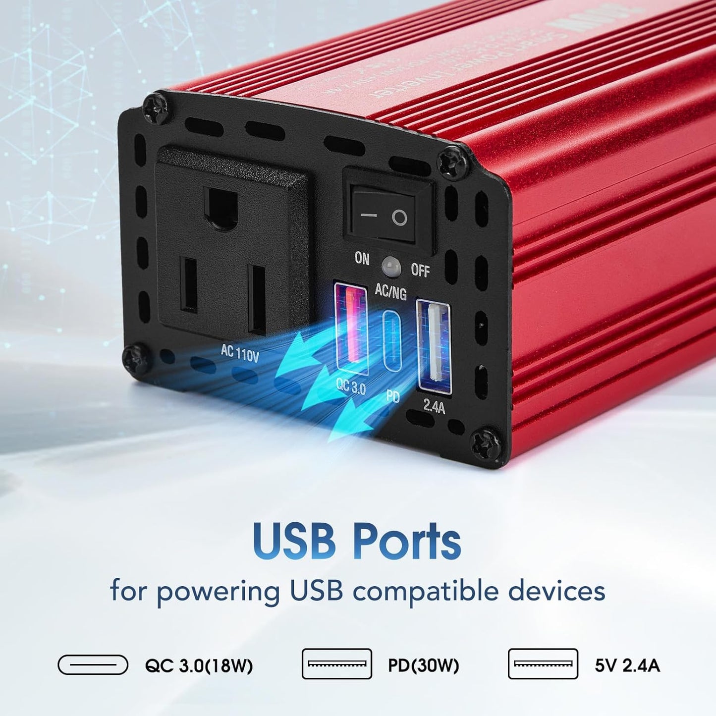 300W Car Power Inverter,12V DC to 110V AC Inverter Converter for Vehicles, PD (Type-C) QC3.0 and 2.4A USB Car Adapter with Cigarette Lighter Ports for Smartphones Laptops Tablets