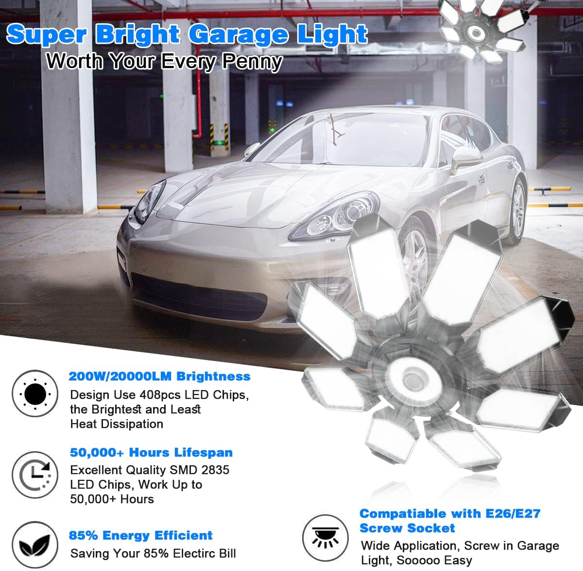 Led Garage Light - 20000LM Super Bright 6500K Garage Lights Ceiling Led w/ 8 Adjustable Panels Garage Shop Light Compatible for E26/E27 Socket Applicable for Workshop Barn Warehouse Attic