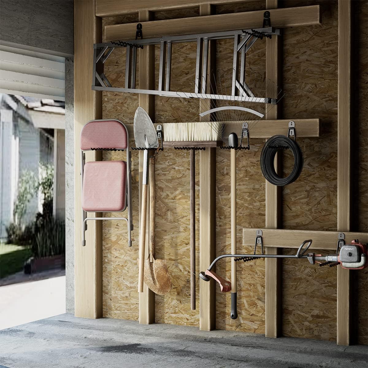 Garage Hooks 4-Pack, 11.8" Long Large Shed Storage Hanger Garden Tool Hook Heavy Duty Wall Mount Double Holder with 2 Extension Cord Storage Straps, Organize Yard Utility Hanging Ladder Black