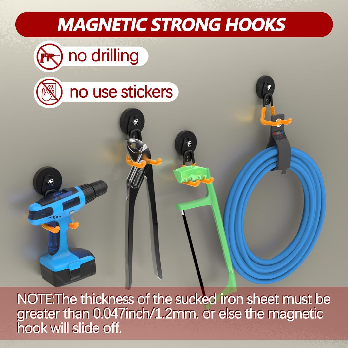 3-H Heavy Duty Magnet Garage Hooks 4 Pack, Large Strong Magnetic Hooks for Hanging Cordless Power Drill, Utility Magnetic Tool Holder for Metal Cabinet, Steel Pegboard, Toolbox, Garage(Orange)