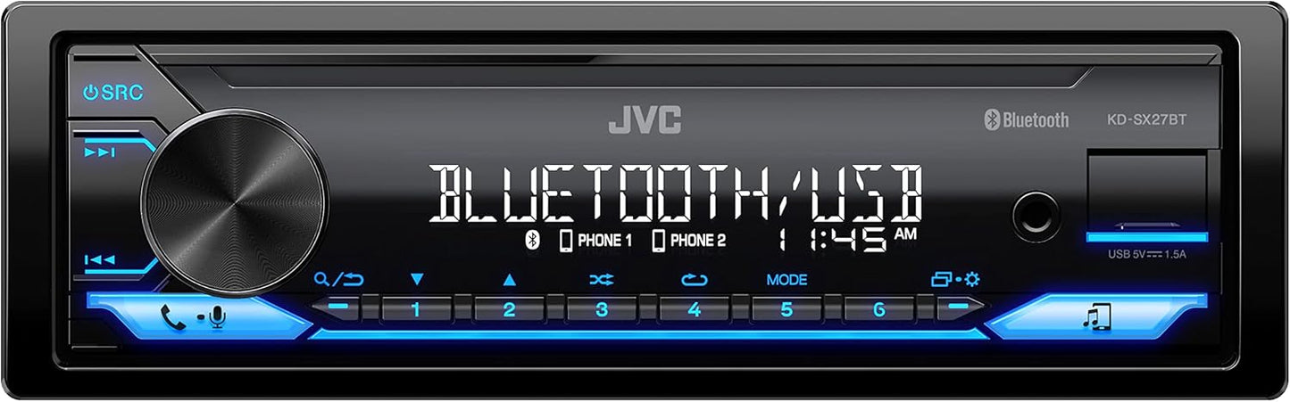 JVC KD-SX27BT Car Stereo with Bluetooth, 100W Digital Media Receiver, 1.5A USB to Charge Devices, Single DIN Head Unit, AM/FM, Aux-in, JVC Remote App