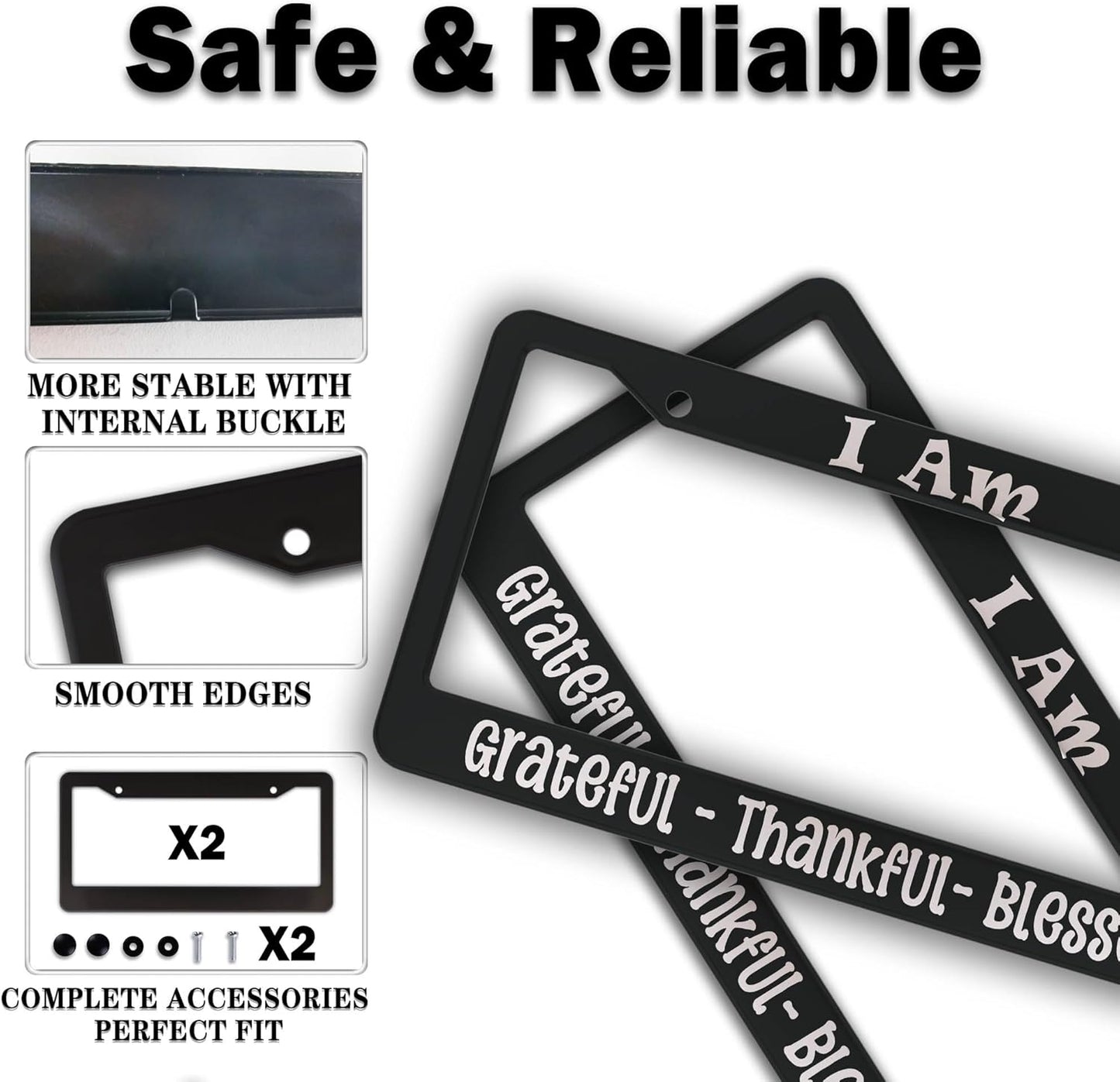 License Plate Frames Black and White Front License Plate Bracket I Am Grateful Thankful Blessed Aluminum Metal Car Accessory 2 Pack with Screw Covers Set