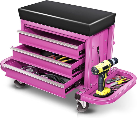 Auto Dynasty 3-Drawer Mechanic Rolling Seat, 350 LBS Capacity Roller Garage Shop Seat with Storage Tool Tray for Workshop, Repair Shop, Warehouse, Purple