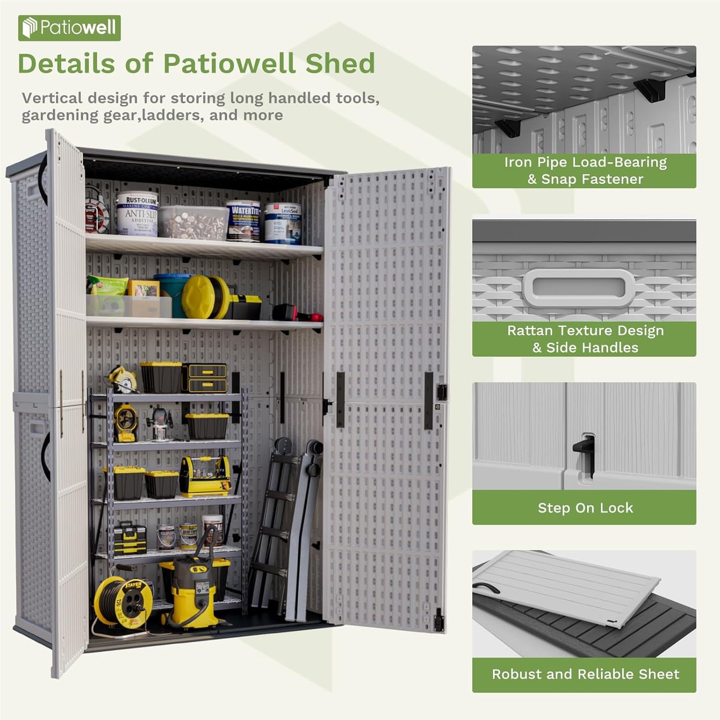 Patiowell 50 cu.ft Plastic Outdoor Storage Shed, Lockable Waterproof Resin Storage Cabinet Vertical Storage Shed for Garden Tools, Garbage Cans, Pool Supplies, White(Not Include Shelves)