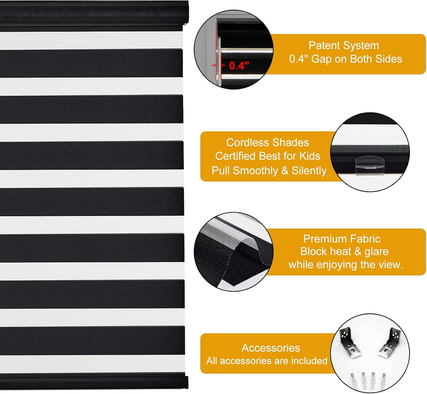 Persilux Cordless Zebra Blinds for Windows Free-Stop Window Shades (27" W X 72" H, Black) Dual Layer Light Control for Day and Night, Light Filtering Sheer Shades for Home, Easy to Install