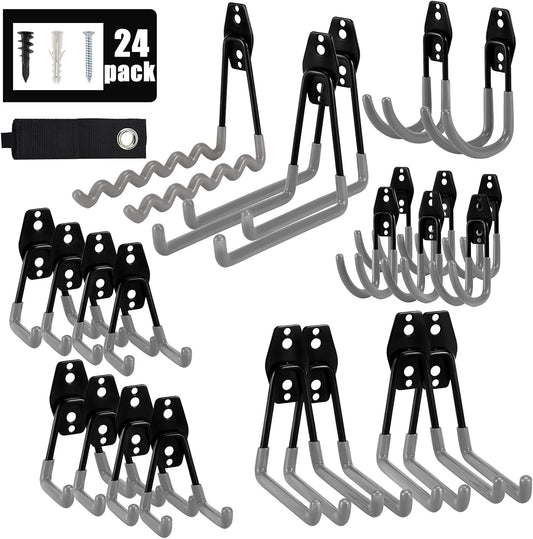 Aoben 24PCS Heavy Duty Garage Hanger Organizer Anti-Slip Double Wall Storage Hooks for Power Tools, Bikes, Ropes (23 Hooks & 1 Holder Strap)-Grey