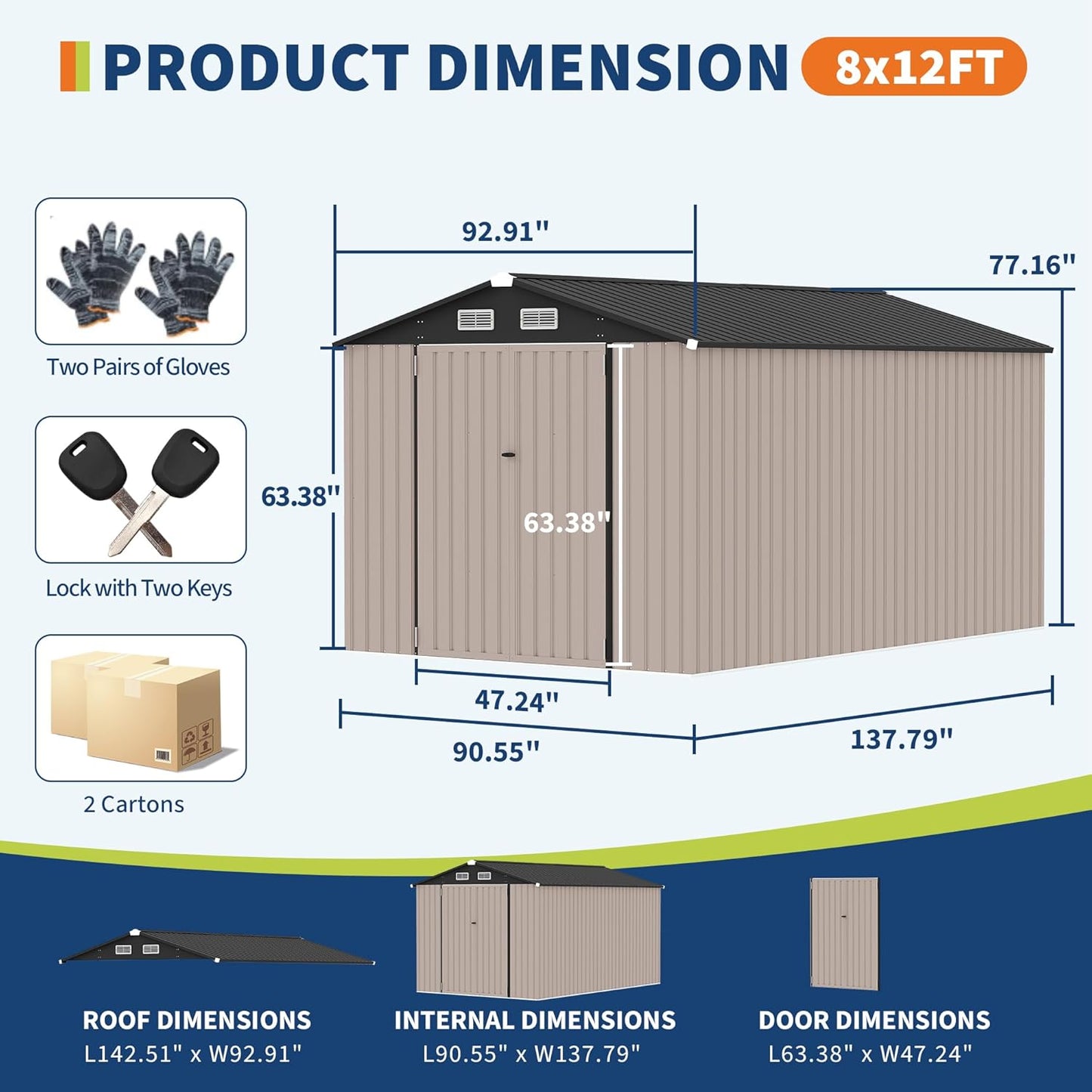 8x12x6.4 FT Outdoor Storage Sheds, Metal Garden Tool Shed for Backyard, Large Metal Sheds Outdoor Storage With Lockable Doors & Air Vents for Backyard Garden Patio Lawn