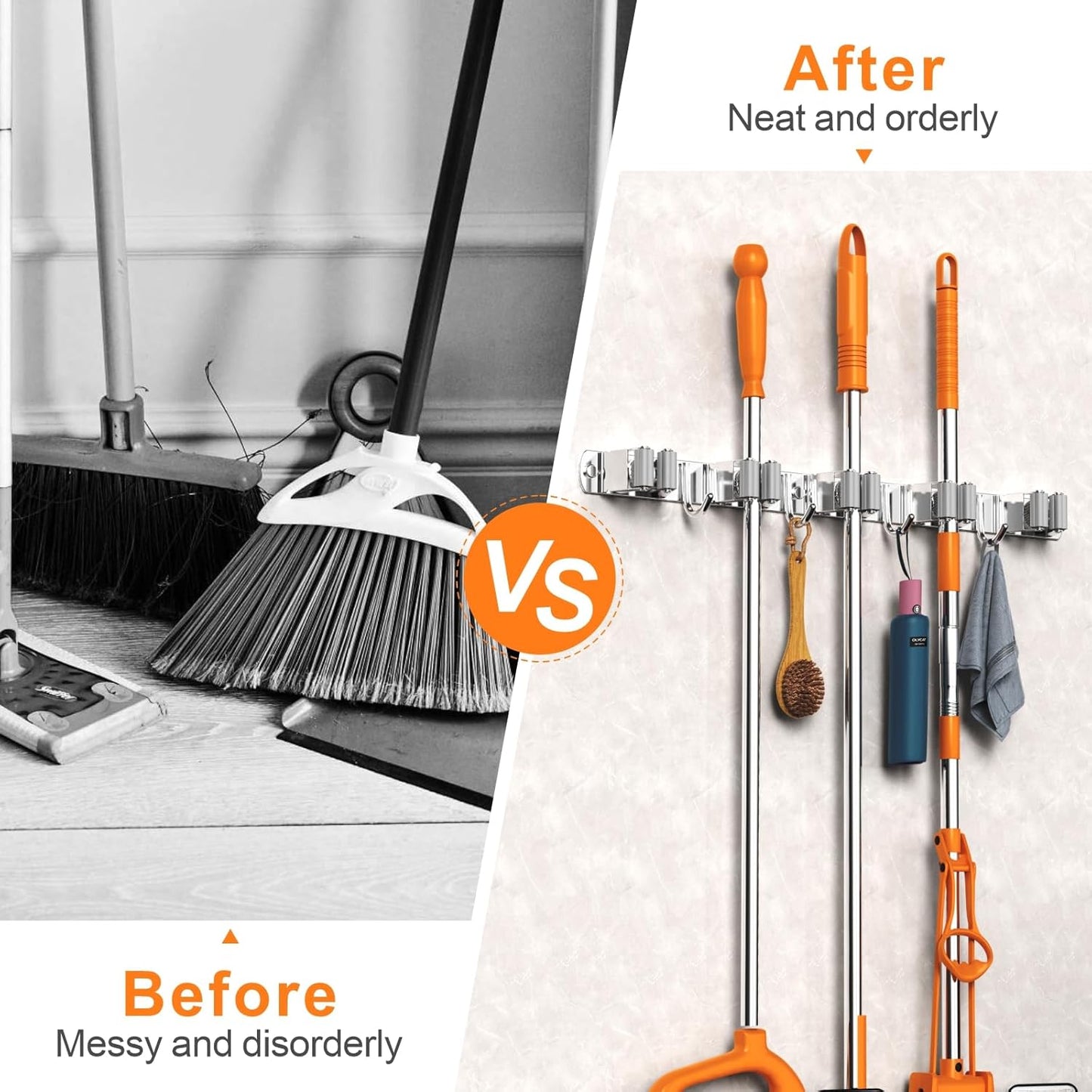 Broom and Mop Organizer Wall Hanging, Upgraded Mop and Broom Holder Wall Mount, Stainless Steel Broom Hanger Wall Mount for Laundry Room Organization and Storage（5 Racks with 4 Hooks）