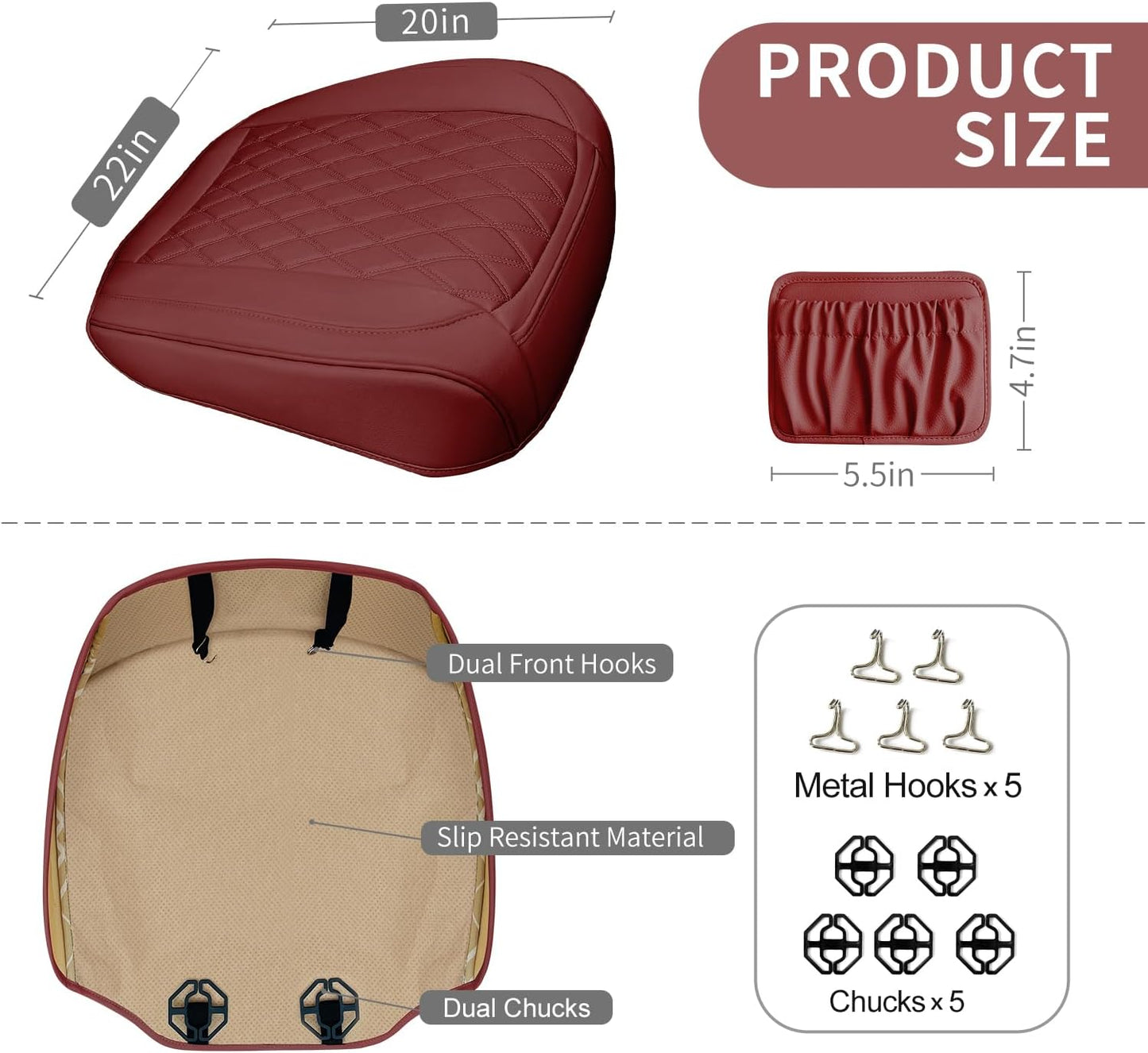 2 Pack Leather Front Car Seat Cover Bottom Car Seat, Anti-Slip and Full Wrap Driver Car Seat Protectors with Storage Pocket, Luxury Waterproof Bottom Auto Seat Cushion Pad Mat for Most Vehicles(Red)