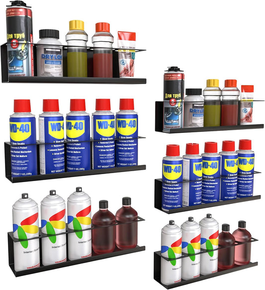 6 Pack Spray Bottle Holder Wall-Mounted, Aerosol Spray Can Holder Storage Rack, Heavy-Duty Paint Bottle Organizer with 30 Holes, Steel Black Spray Rack for Garage, Shop, Home or Tool Trailer