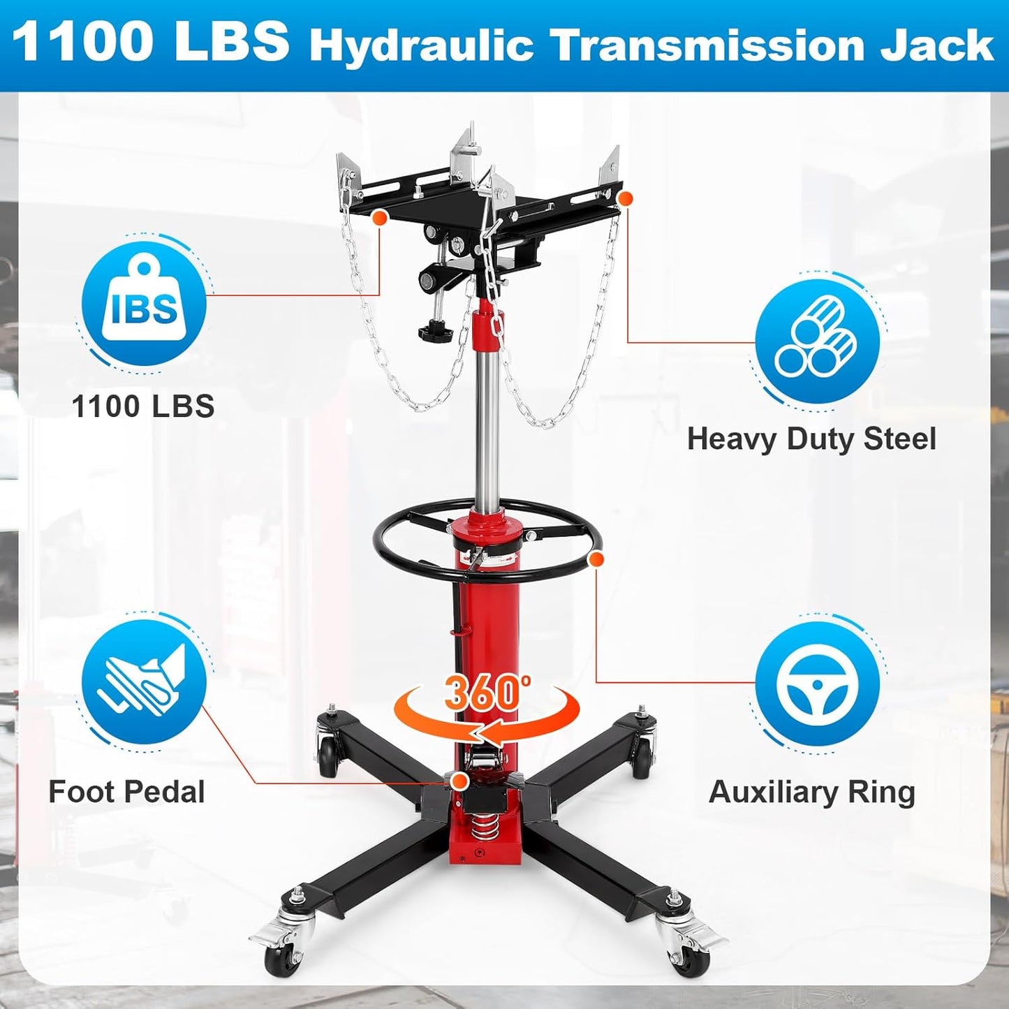 Transmission Jack, 1100lbs (1/2 Ton), 2-Stage Hydraulic Telescopic Jacks, Lifts 34"-68", with Foot Pedal & 360° Swivel Wheels, Ideal for Garage and Car Lifting, Heavy-Duty, Red
