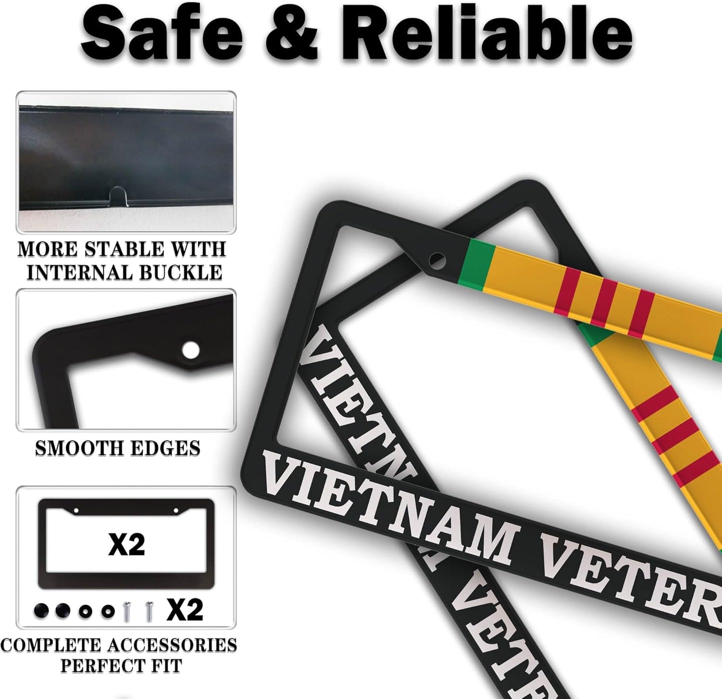License Plate Cover Black and White License Plate Frames Vietnam Veteran Universal Aluminum Car Accessory 2 Pack with Screw Covers Set