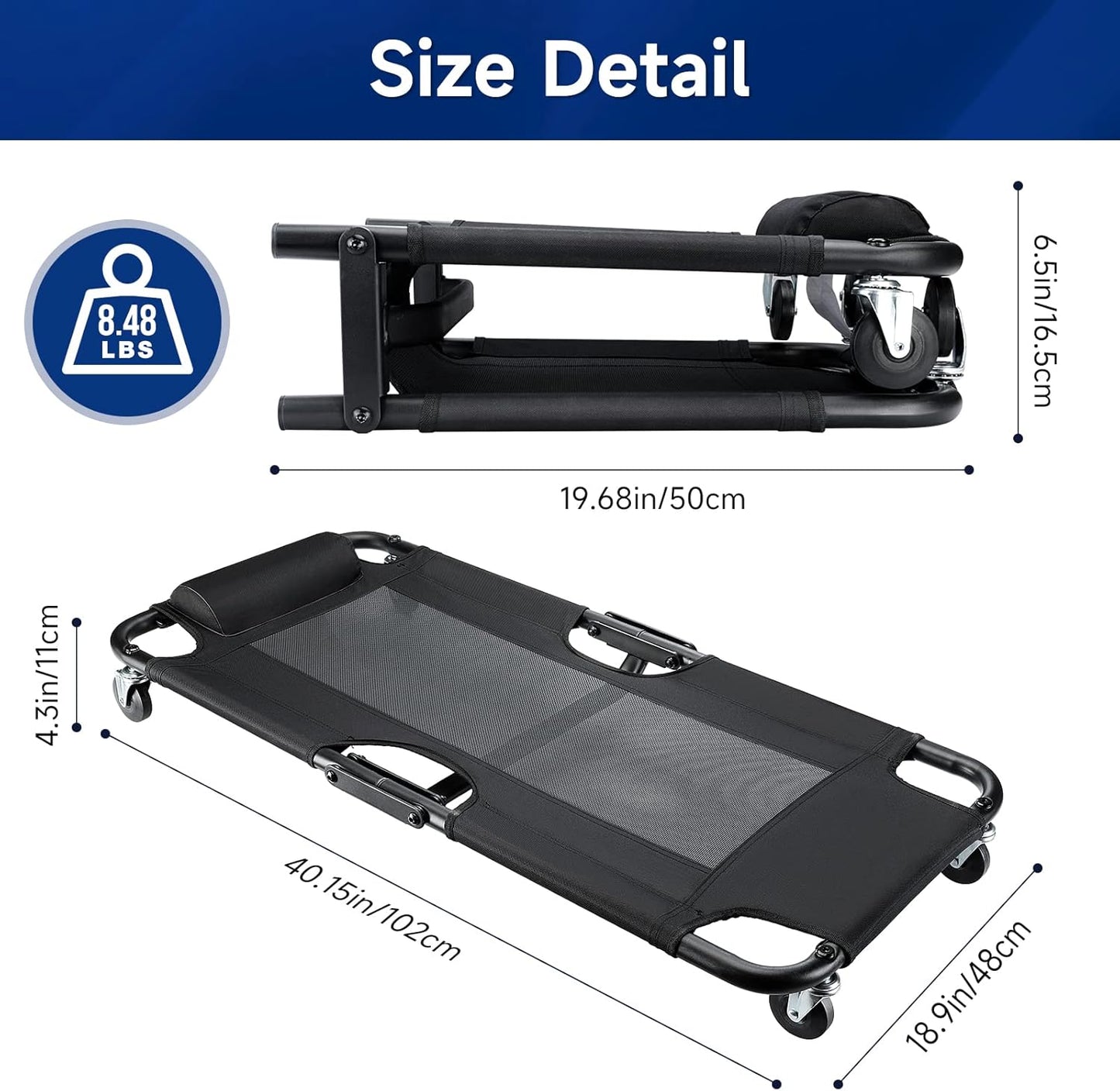 WORKPRO Foldable Mesh Creeper, 40-Inch Automotive Creeper with Padded Headrest and 4 Caster Wheels, 350 Lbs Capacity Rolling Garage Creeper, Black