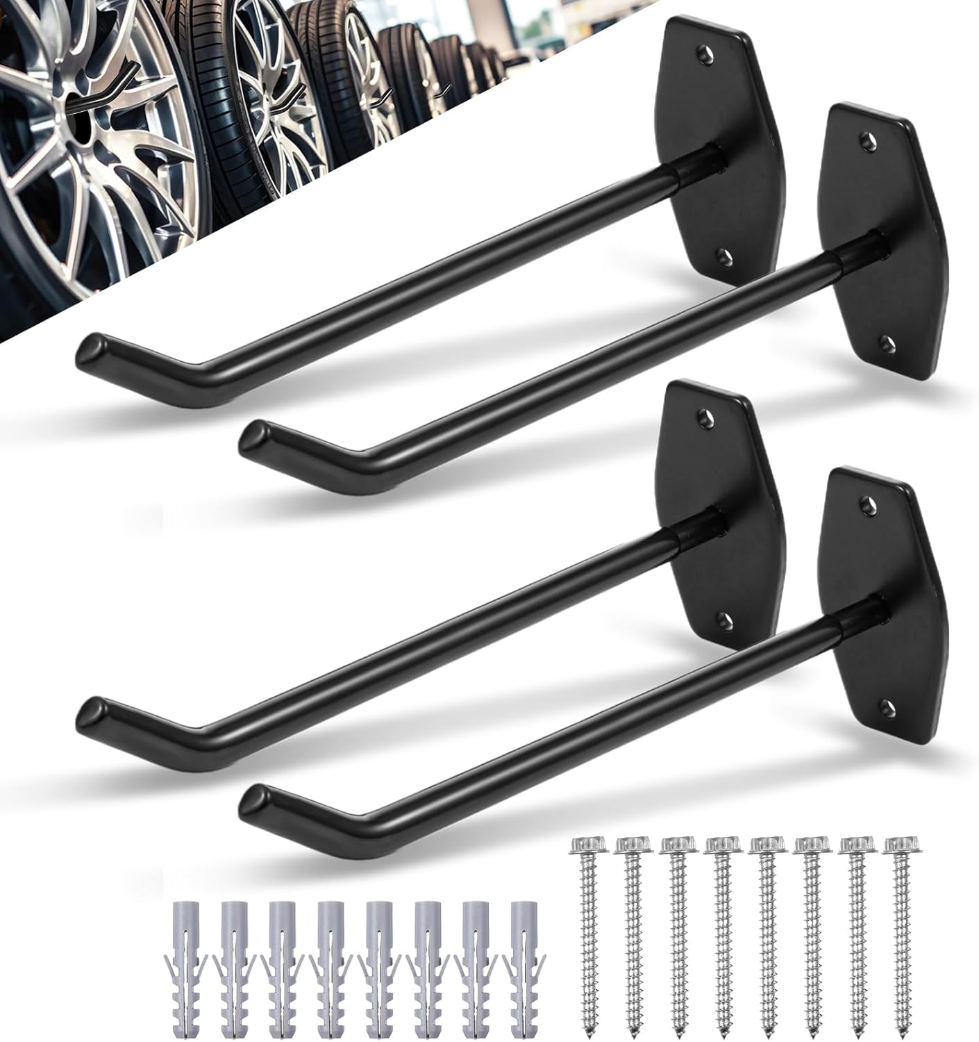 4-Pack Tire Rack Wall Mount, Heavy Duty Hooks for Storage - Garage Storage Hooks Wall Mount for Ladders, Tools & Bulk Items (88 lbs Capacity, 10"x 3.5" Black Iron)