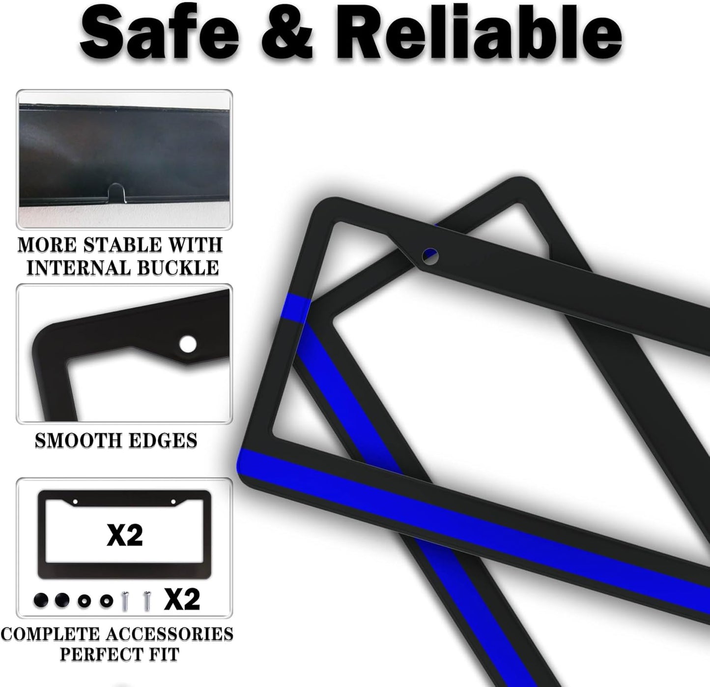 License Plate Frames for Women Blue Black Automotive Exterior Accessories for Men Blue Line Aluminum Metal Car Accessory 2 Pack with Screw Covers Set