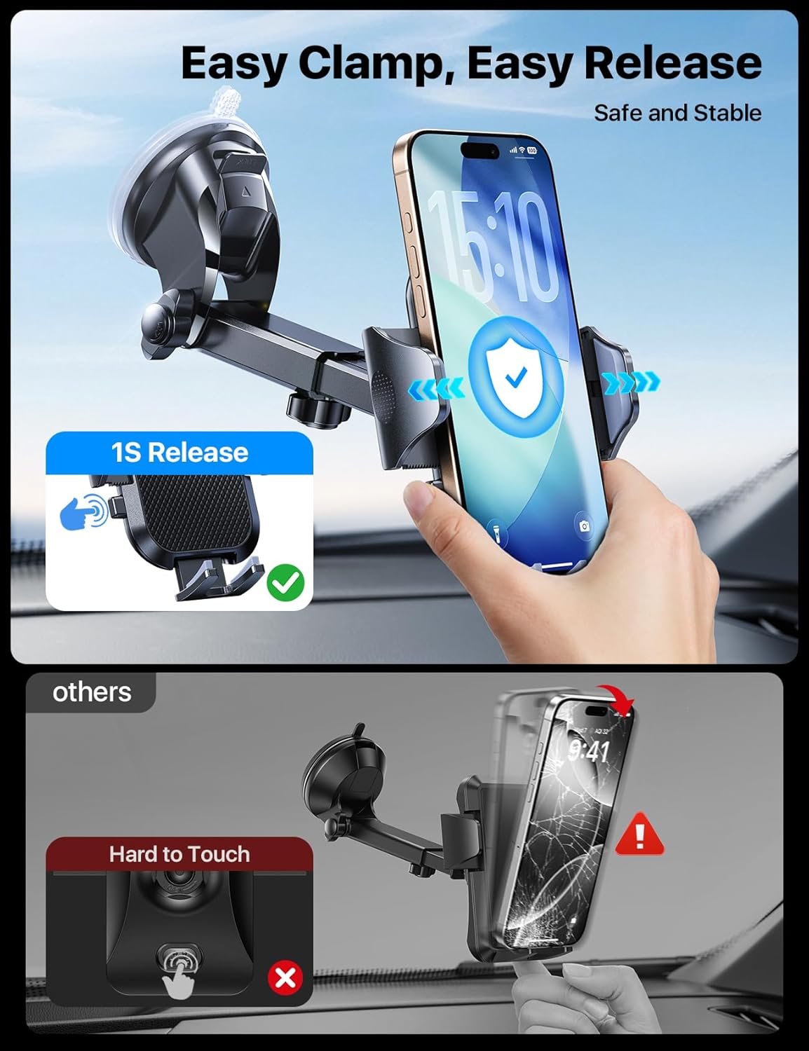 andobil Car Phone Holder Mount (Strong Suction&Bumpy Road Stable) Phone Holders for Your Car, Cell Phone Car Mount for Windshield Dash Vent Truck Cradle Stand for iPhone 16 15 Pro Max 14 13 12 Samsung