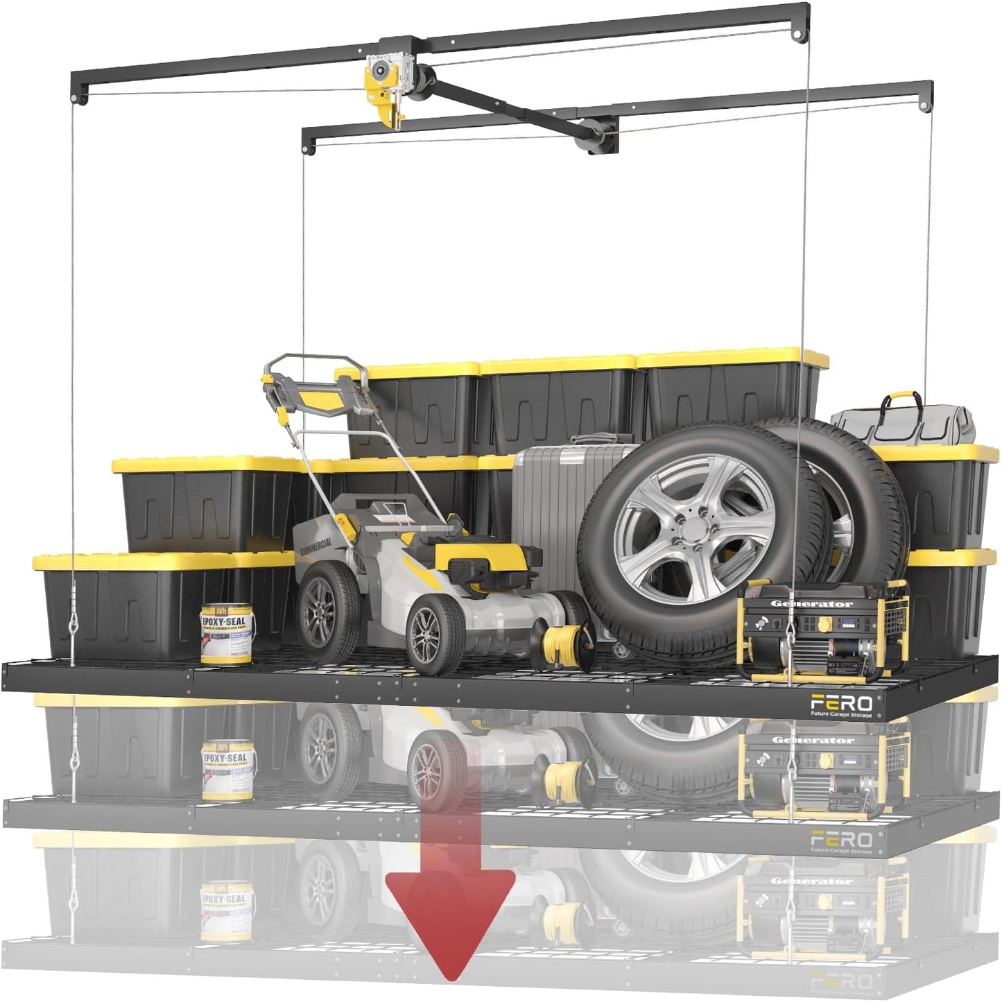 Garage Ceiling Storage Racks – 4x8 FT Overhead Garage Storage Rack with Safety Lock, Heavy-Duty Ceiling Mounted Lift System and Storage Organizer, Ideal for Maximizing Overhead Space, 325 lbs Capacity