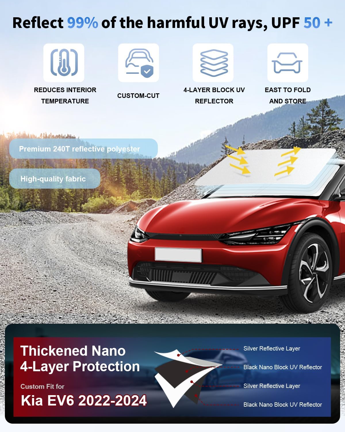 Sunshade for EV6 Windshield Sun Shade Custom Fit for Kia EV6 2022 2023 2024 2025 Accessories 2 Layers Front Window Shield Sun Visor 240T Material Windshield Cover Protector Block UV Rays Heat