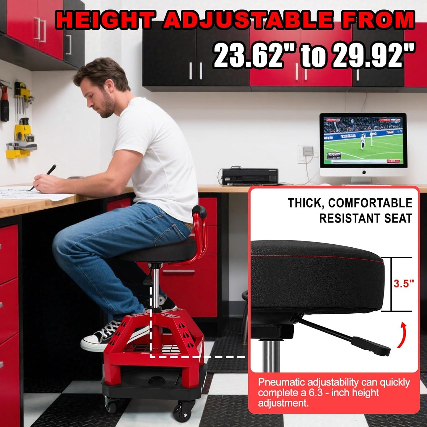 Rolling Shop Stool with Wheels, Heavy Duty Garage Work Mechanic Stool with Backrest, Adjustable Height 360°Swivel Rolling Chair with Tool Tray Storage, 330 LBS Capacity, Red