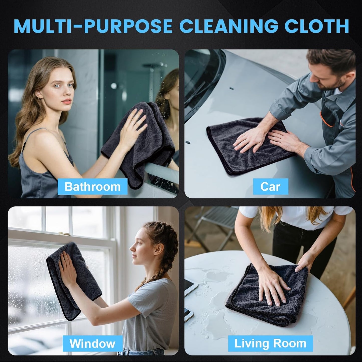 Shiny Wipes Shower Cleaning Cloth, Ultra Absorbent Car Drying Towel, 2 Pack 16 x 24 inch Microfiber Cleaning Cloth for Car, Bath & Househood