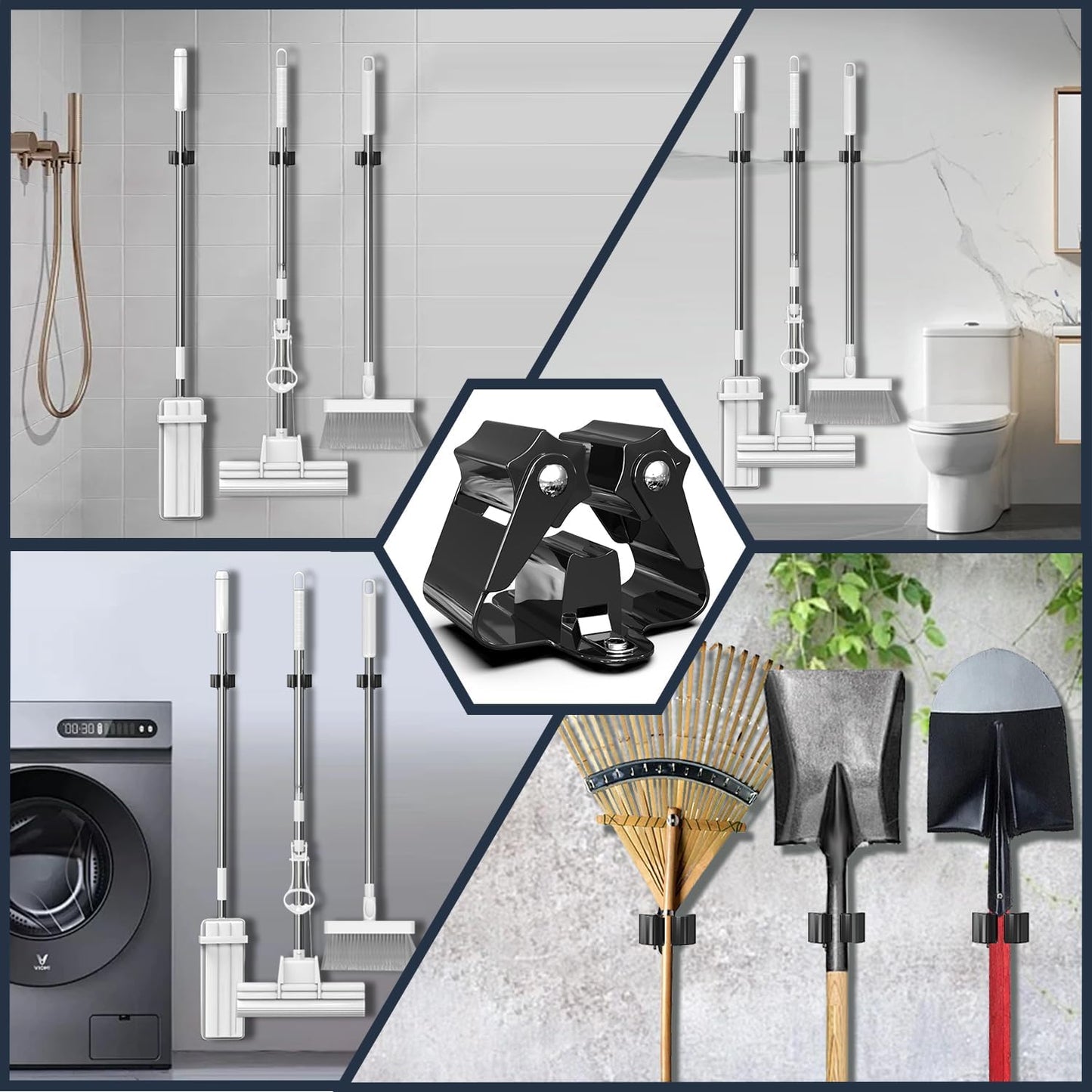 3-H Stainless Steel Broom Holder Wall Mount 20-Pack- Heavy Duty Mop Organizer, Wall Mounted Broom Storage with Secure Mounting for Kitchen Laundry Garage Bathroom (Space Saving)