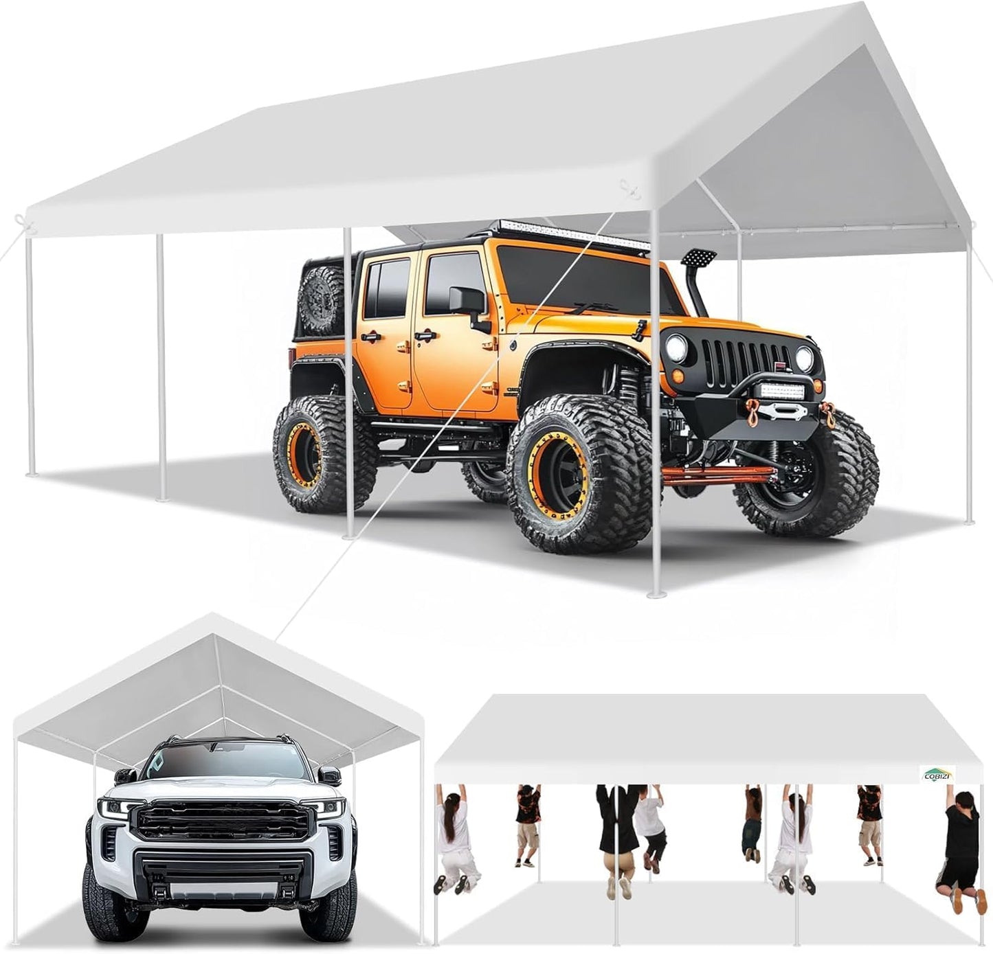 COBIZI Carport 12x20ft Heavy Duty Portable Garage, 2.0 Powder Coated Frame(Better Than Galvanized), Waterproof Shelter with Built-in Sandbags, for Car/Boat/SUV, White