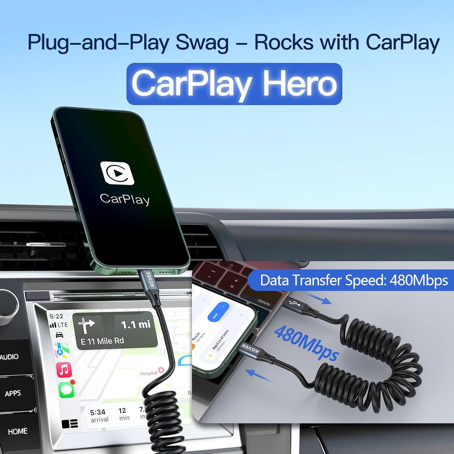 AGVEE 5ft Coiled Short USB-C to USB-C Charging Cable [USB-IF Certified] 60W PD Fast Charger Cord in Car for iPhone 16/15 CarPlay, Galaxy S25 S24 S23 S22 S21 S10 S9 S8, Google Pixel, Dark Gray