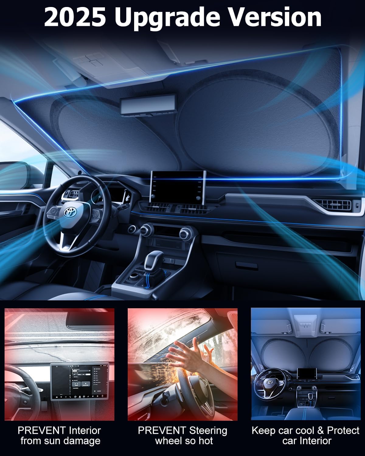 [2025 Upgrade] DMJN Windshield Sun Shade Car, [100% Sun Bolck & UV Reflective] Keep Car Cool & Interior Protection Sunshade, Flexible & Durable Sun Visor Universal Fit Large