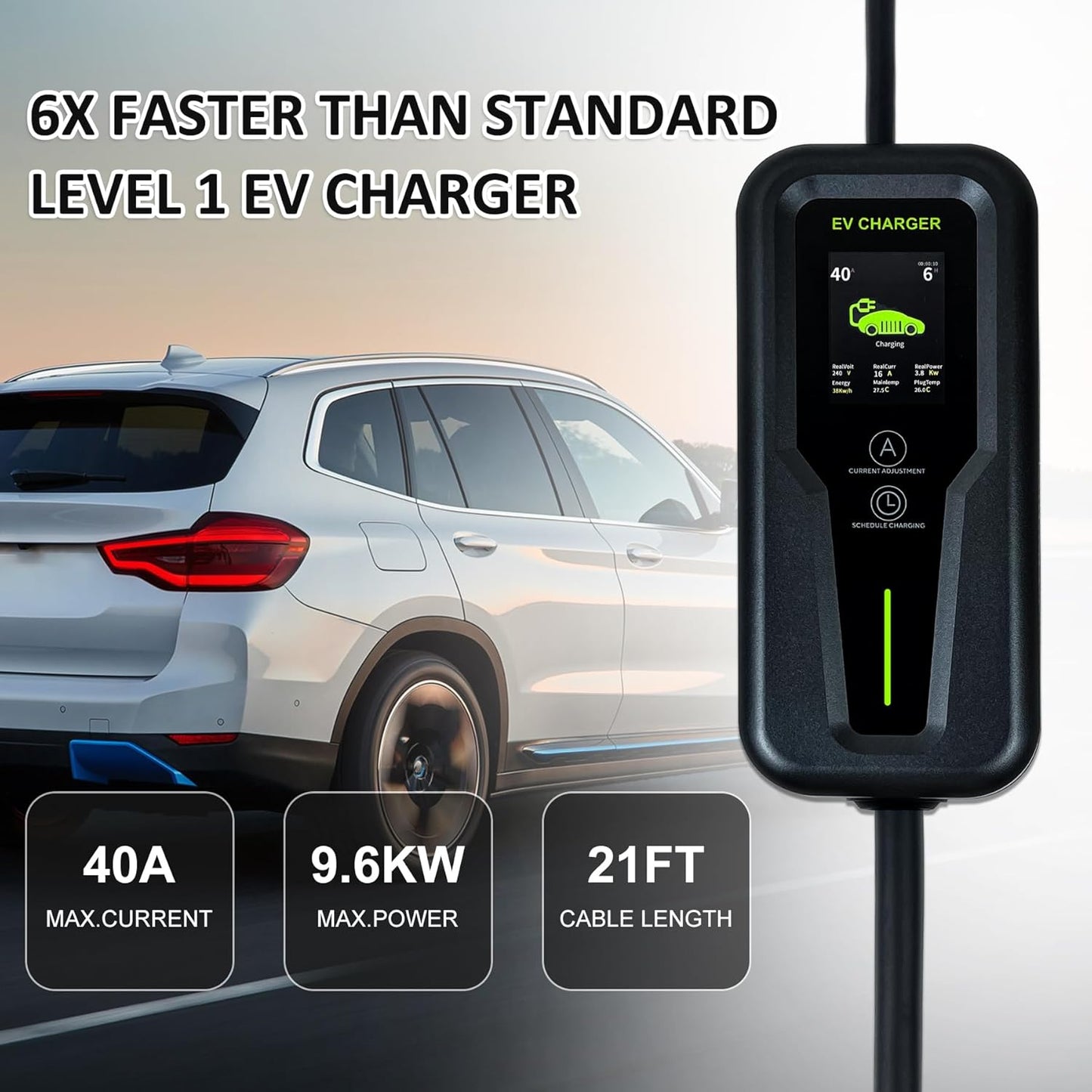 Level 2 EV Charger 40Amp, 240V, NEMA 14-50 J1772 Connector and 25 ft Cable,Portable Electric Vehicle Charging Stations with LCD Screen-1PC