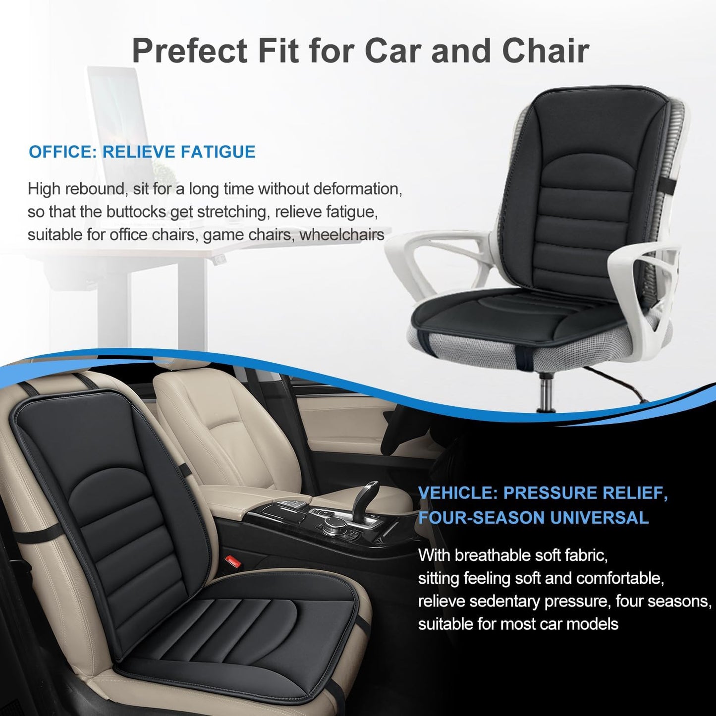 Car Seat Cushion Chair Cushions Set with Back Support,1.2in Memory Foam Pressure Relief Non-Slip Design Truck Seat Cushion for Driving, Ergonomic Chair Seat Pad for Office Gaming Wheelchair