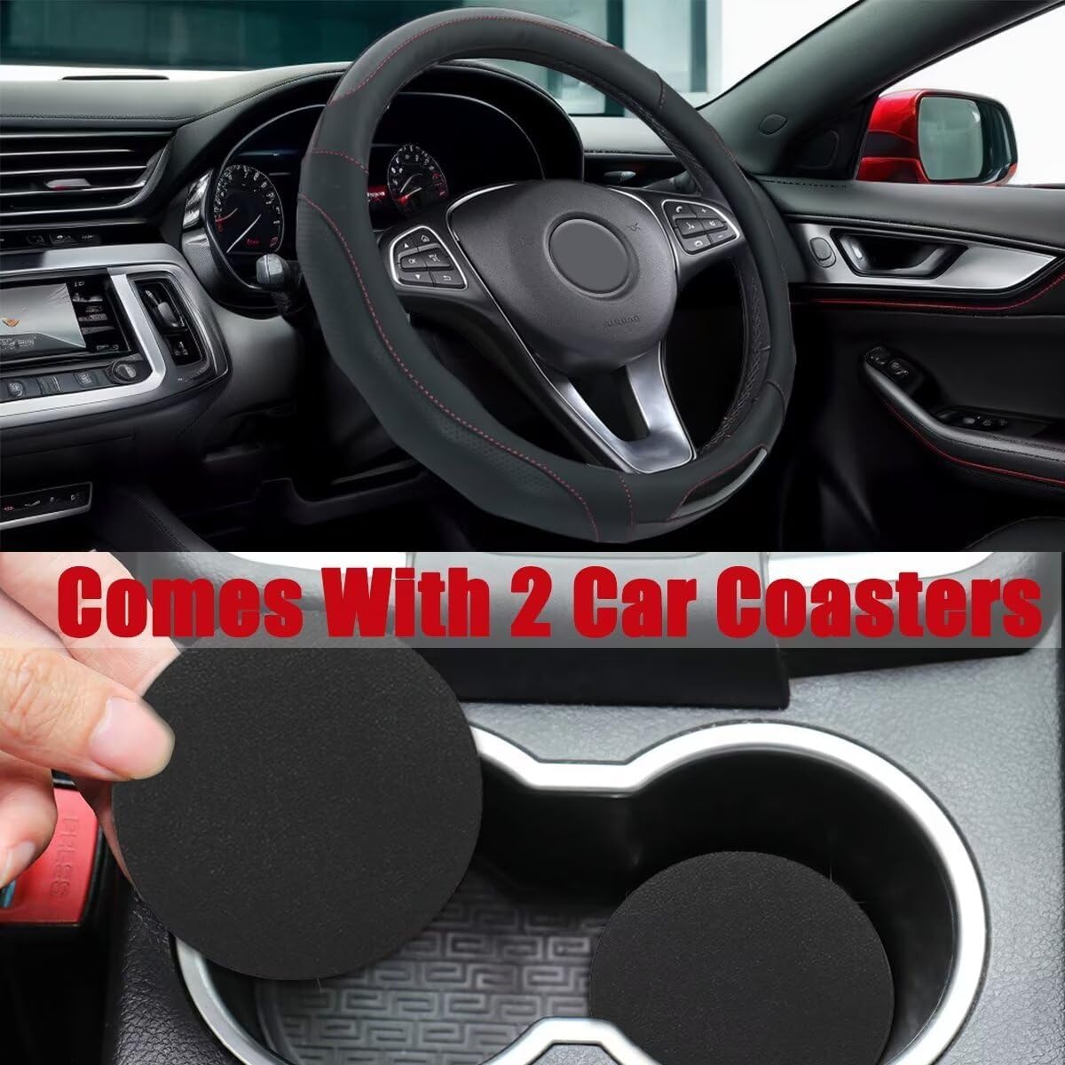 Car Steering Wheel Cover with Cup Coasters, Universal 15 inch Leather Carbon Fiber Steering Wheel Covers Comfort Grip Breathable Anti-Slip Steering Wheel Accessories for SUV Truck Van Auto - Black