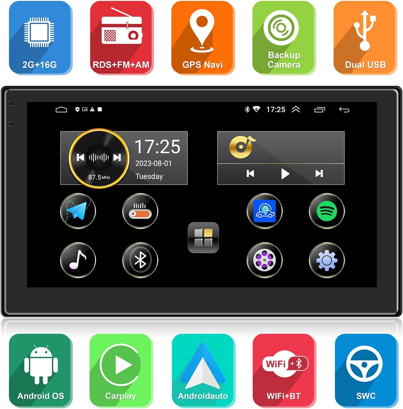 Double Din Car Radio Support Wireless CarPlay & Wireless Android Auto, [2G+32G] 7 Inch Touchscreen Car Stereo with Bluetooth+WiFi+RDS/FM+GPS Navi+Backup Cam+Mirror Link,Car Audio Receivers