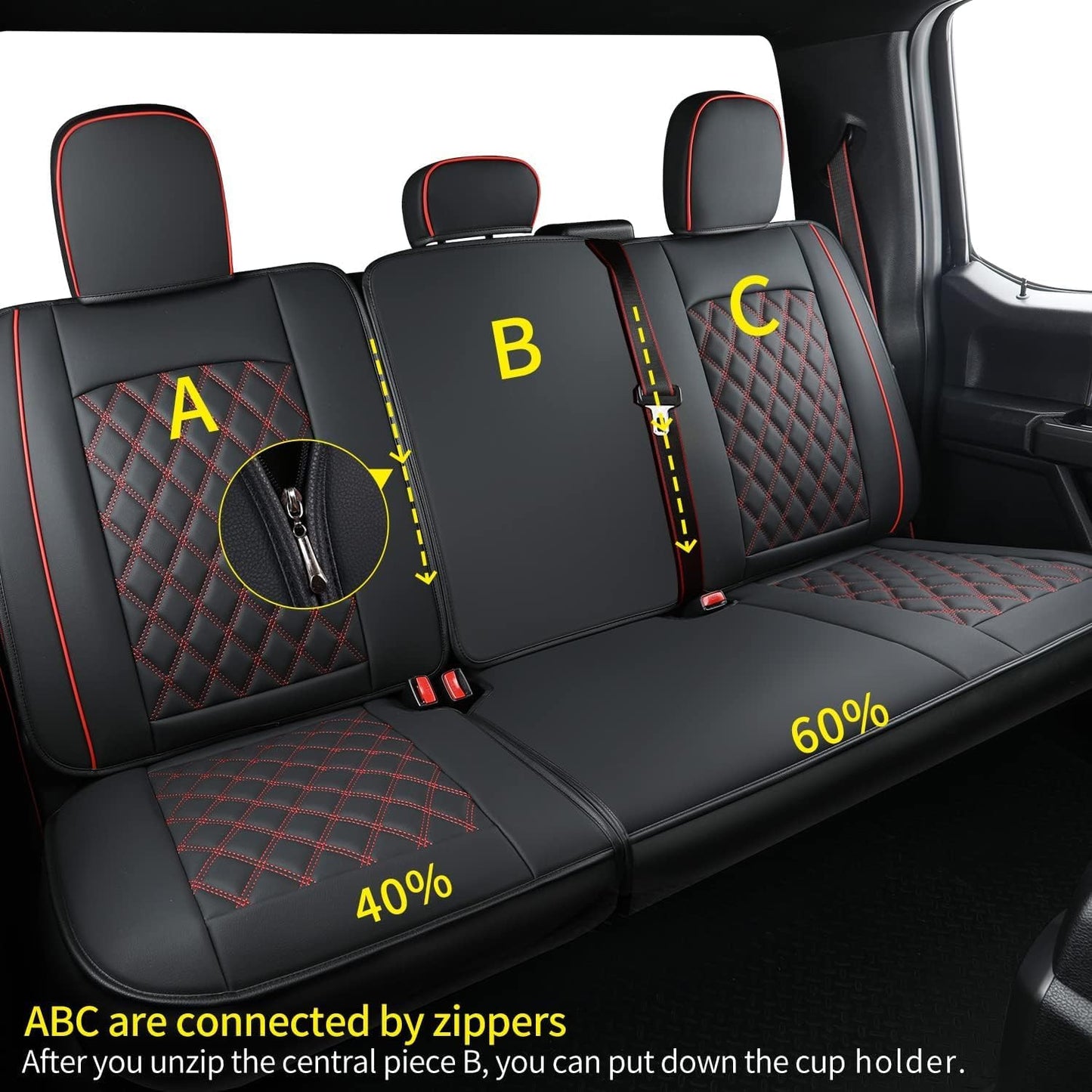 LUCKYMAN CLUB F150 Faux Leather Seat Covers Fit for 2015-2025 F150 and 2017-2025 F250 F350 F450 Pickup Trucks(Full Set, Black&Red)