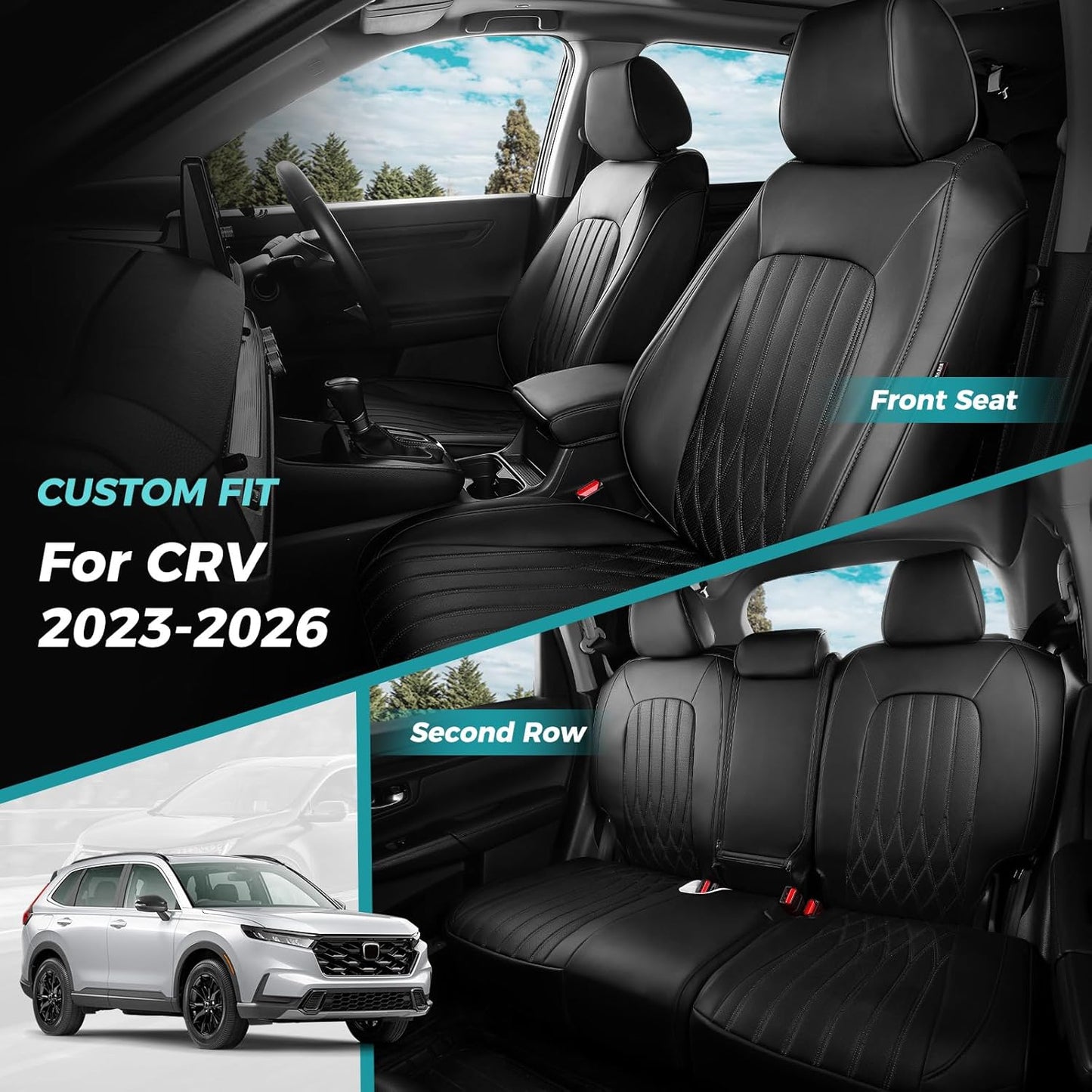 Seat Covers for Honda CRV 2023 2024 2025 2026 EX/EXL/LX/Sport/Touring/Special Edition, Hybrid & Gas, 1:1 Custom Leather Seat Covers Full Set - Black