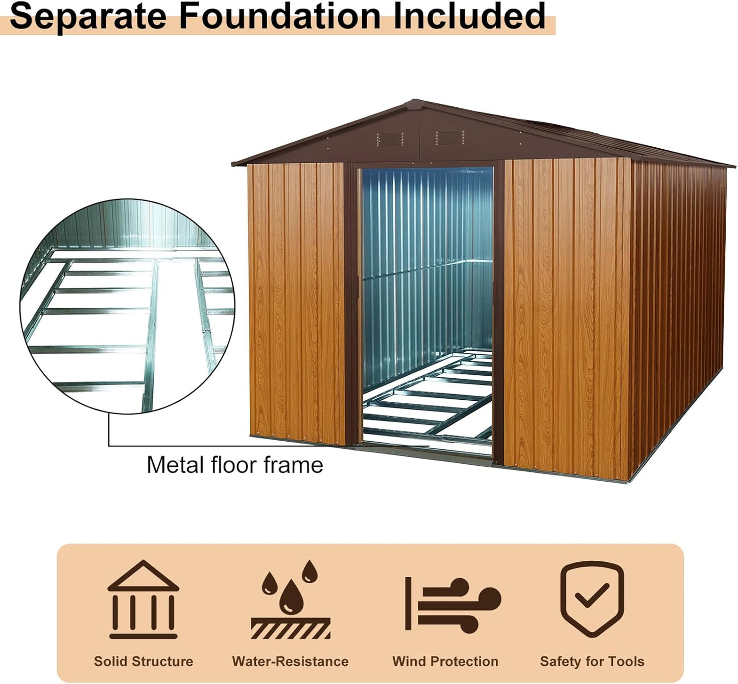 8x10 FT Outdoor Storage Shed, Metal Garden Shed with Frame Floor, Outside Tool Shed with Lockable Sliding Doors, Waterproof Storage Building with Sloped Roof for Backyard, Patio, Lawn, Coffee