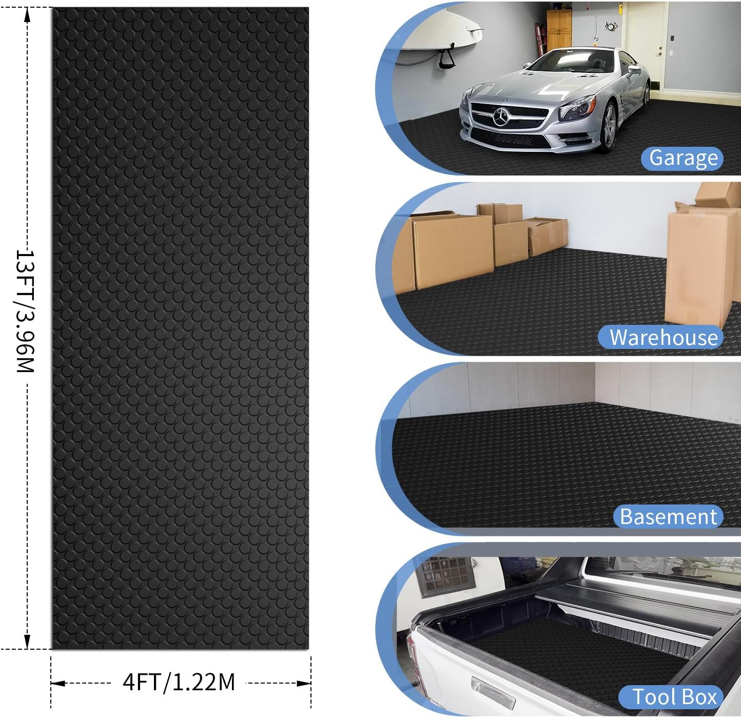 Premium Garage Floor Mat, Commercial Grade Heavy Duty Parking Mat for Garage Floor, Golf Cart Parking, Water/Stain Resistant Floor Runner (Black Coin, 4 x 13 Feet)