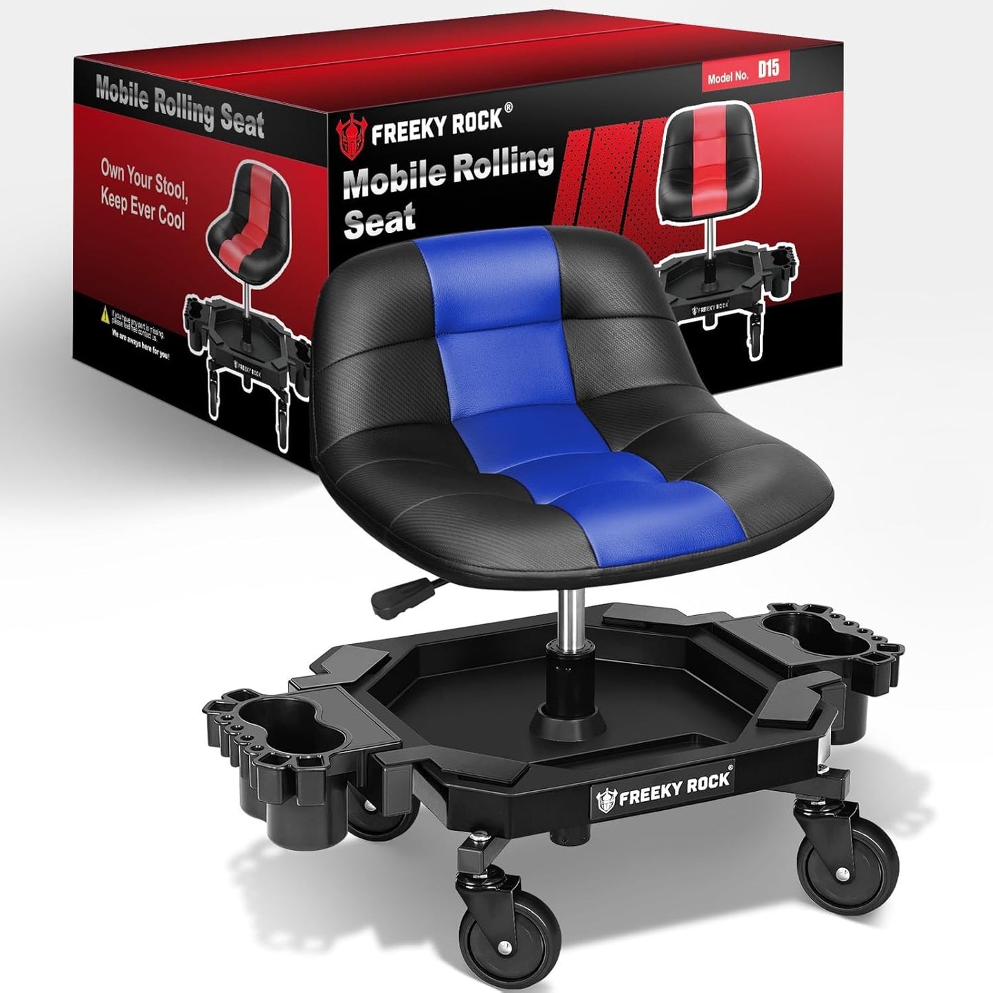 Rolling Stool with Wheels, Adjustable Height Pneumatic Garage Work Mechanic Stool Seat with Backrest, 400 LBS Capacity 360° Swivel Mechanic Crepper Chair with Tool Tray Storage, Blue