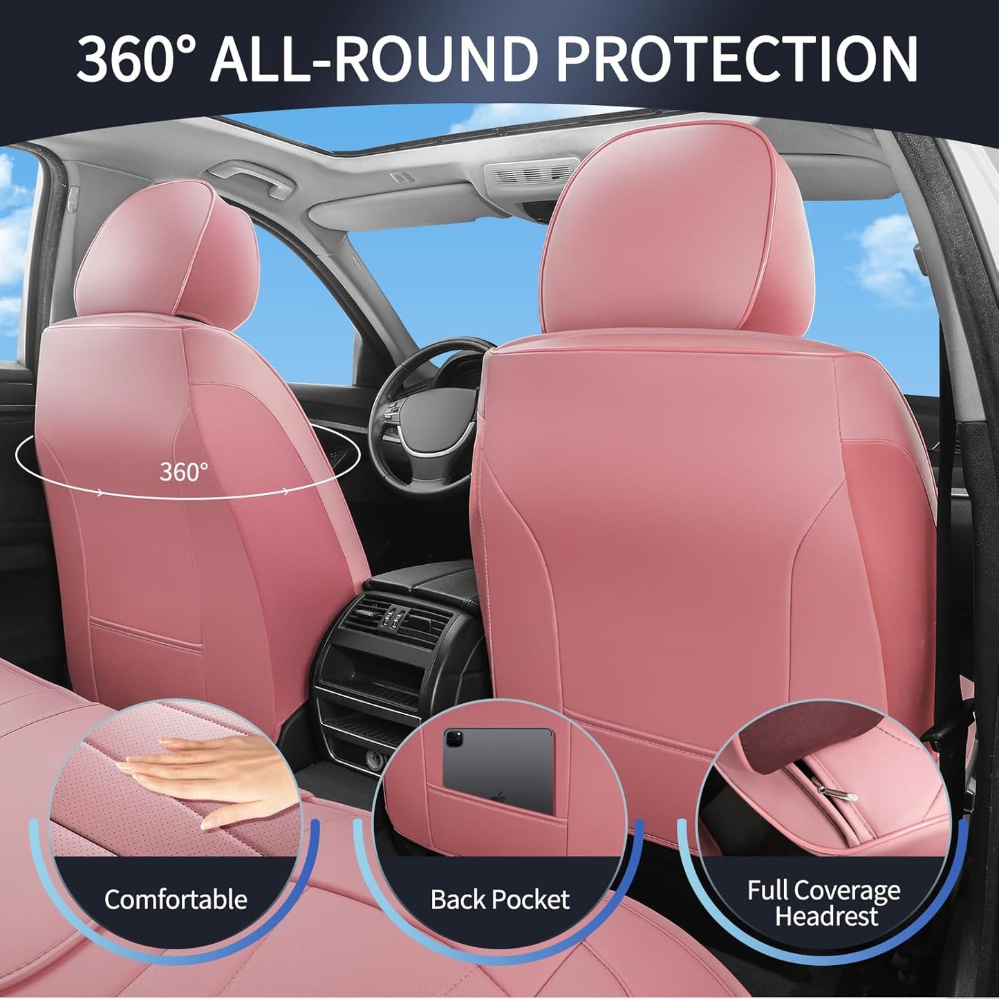 Pink Car Seat Covers,5 Seats Universal Seat Covers for Cars,Luxury Leather Comfortable Automotive Car Seat Protector Universal Fit for Most Cars SUV Sedans
