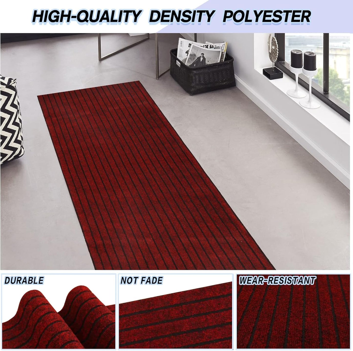 Custom Size Backed Non-Slip Area Rugs Runner, Easy Clean, Waterproof Runner Rugs for Hallway Entryway, Kitchen, Laundry, 4FT x 12FT, Red Stripe
