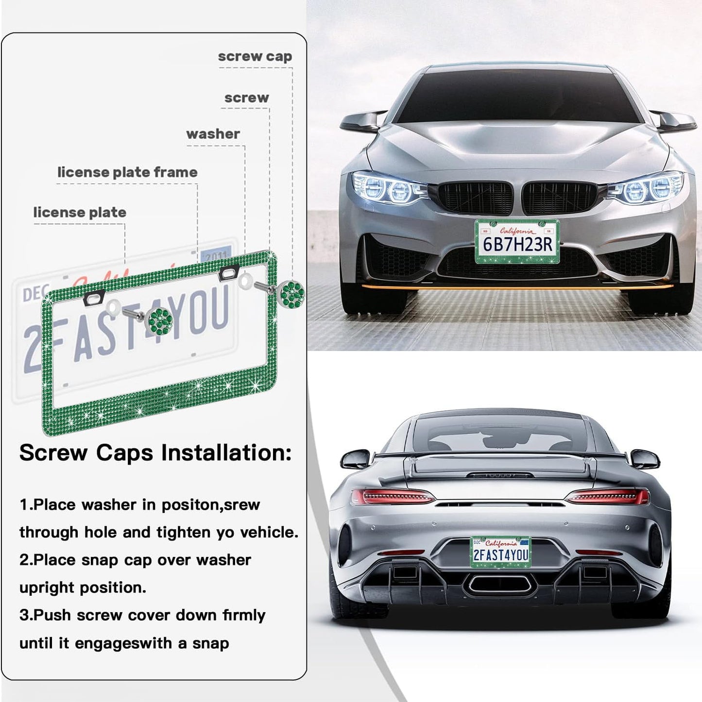 2 Pack License Plate Frames for Women, Sparkly Rhinestone Diamond Car Accessories with Glitter Crystal Caps (Green(2PCS))