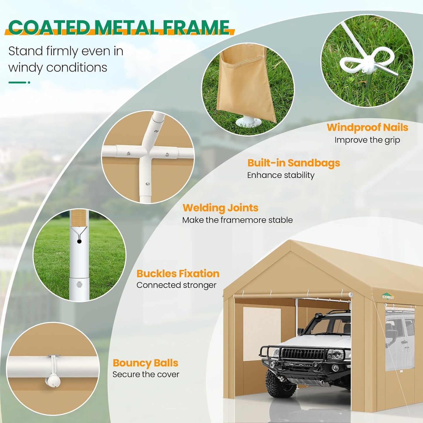 COBIZI Carports 10x20 Heavy Duty Car Canopy Garage with Removable Sidewalls & Doors, Galvanized Frame Portable Carport Canopy with Built-in Sandbags & All-Season Tarp for Car Boat Truck, Khaki