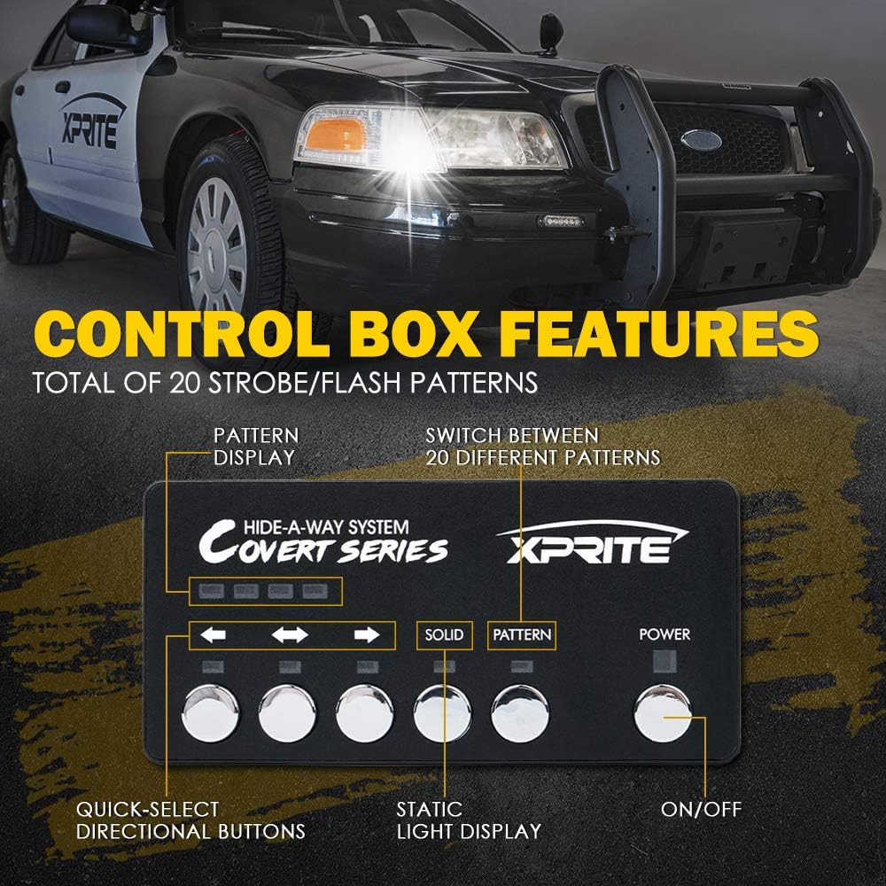 Xprite White Amber LED Hideaway Strobe Lights Kit 20 Flashing Patterns w/Control Panel Headlights Taillights Fog Marker Light Interior Mounting, for Emergency Vehicles Trucks SUV Vans 12V Cars 4 PCs